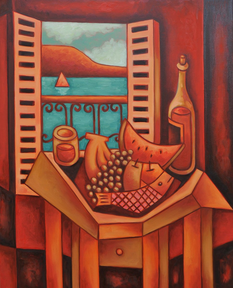 Surrealistic Still Life Oil Painting By Malasits Zsolt, 31 X 39", Mediterranean Still Life 2., Original Artwork