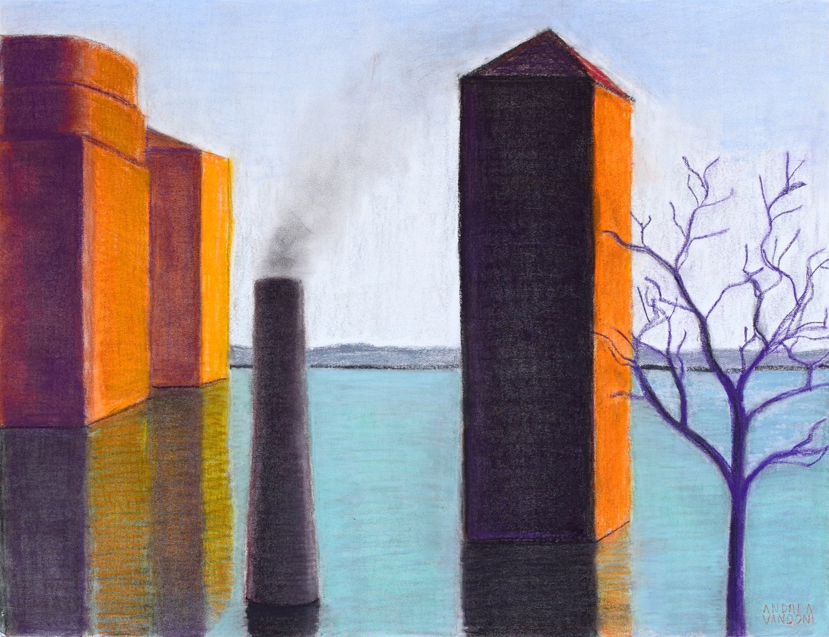 Impressionistic Cityscapes Pastel Drawing By Andrea Vandoni, 21 X 27, ...And Continues To Puff, Original Artwork