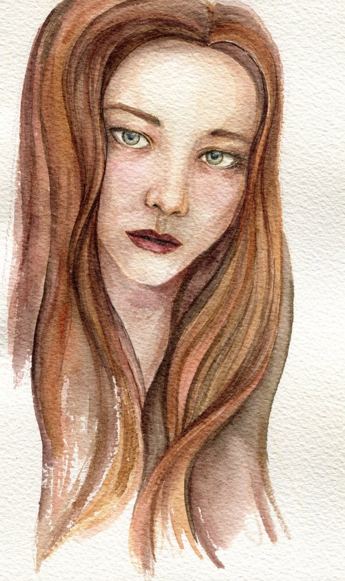 Red hair woman with blue eyes - watercolor portrait by Liliya Rodnikova
