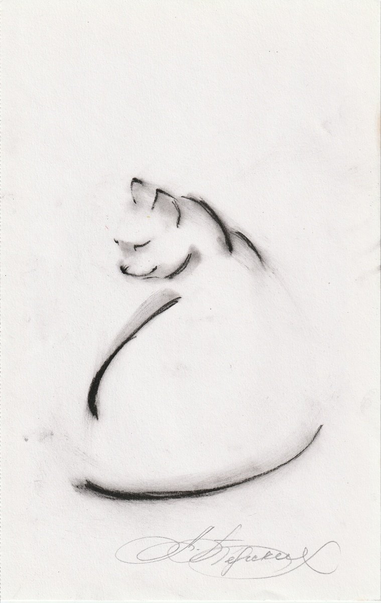 Animal Charcoal Drawing By Anastasia Terskih, 7 X 12, Relax, Original Artwork