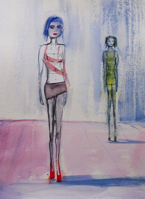 TWO FEMALE FASHION MODELS, Red Yellow/Green. Sketch Study.