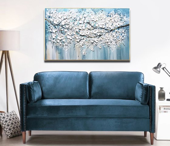 Sakura Branches - Original Abstract FlowerPainting, Abstract Painting, White Blooming Flower Painting, Size: 40 x 24 inches (100 x 60 cm)