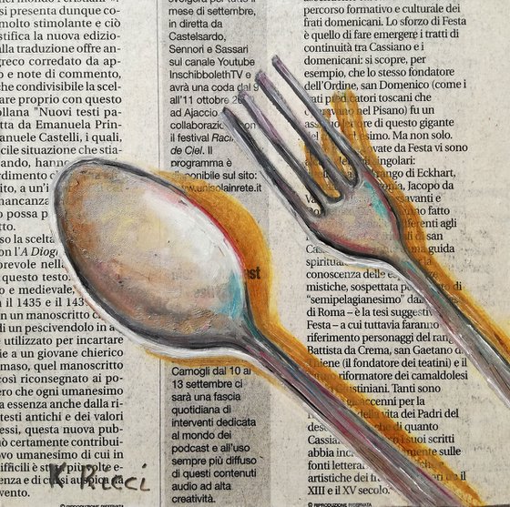 "Fork and Spoon on Newspaper" Original Oil on Wooden Board Painting 6 by 6"(15x15cm)