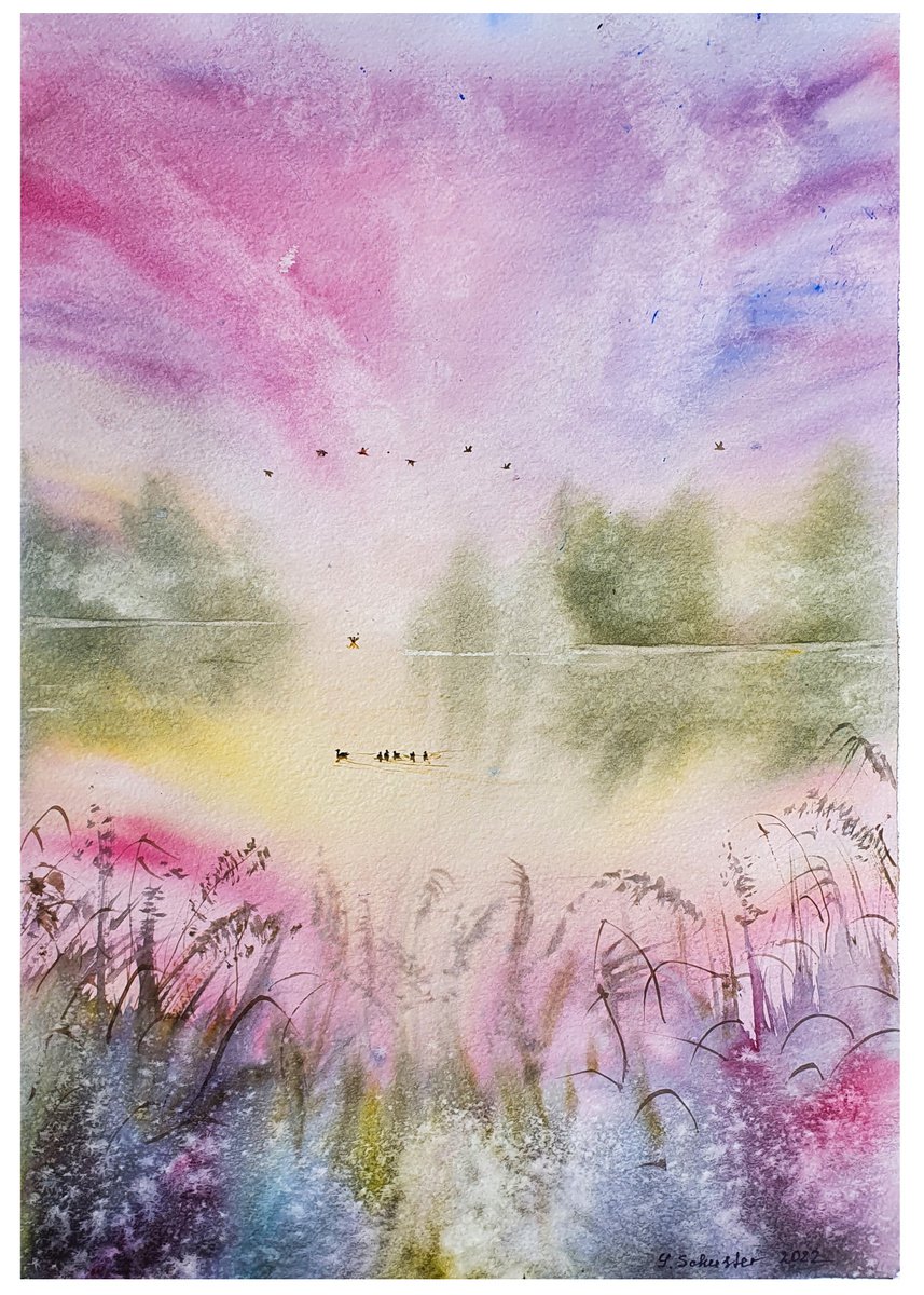 Impressionistic Landscape Watercolour By Yulia Schuster, 12 X 17", Colorful Evening, Original Artwork