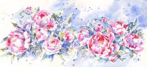 "Peonies" - Horizontal romantic flower composition frieze in pink tones watercolor by Ksenia Selianko