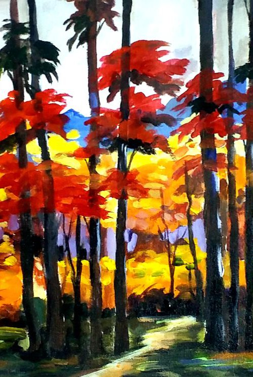 Beauty of Autumn Forest III - Acrylic on Canvas Painting by Samiran Sarkar