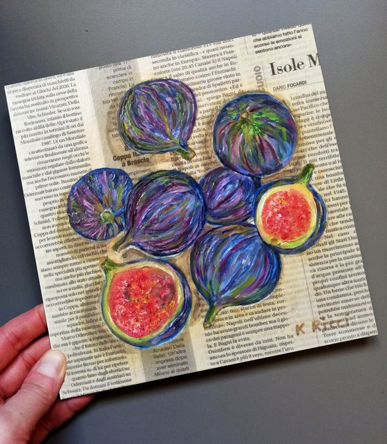 "Figs on Newspaper" Original Oil on Canvas Board Painting 8 by 8 inches (20x20 cm)