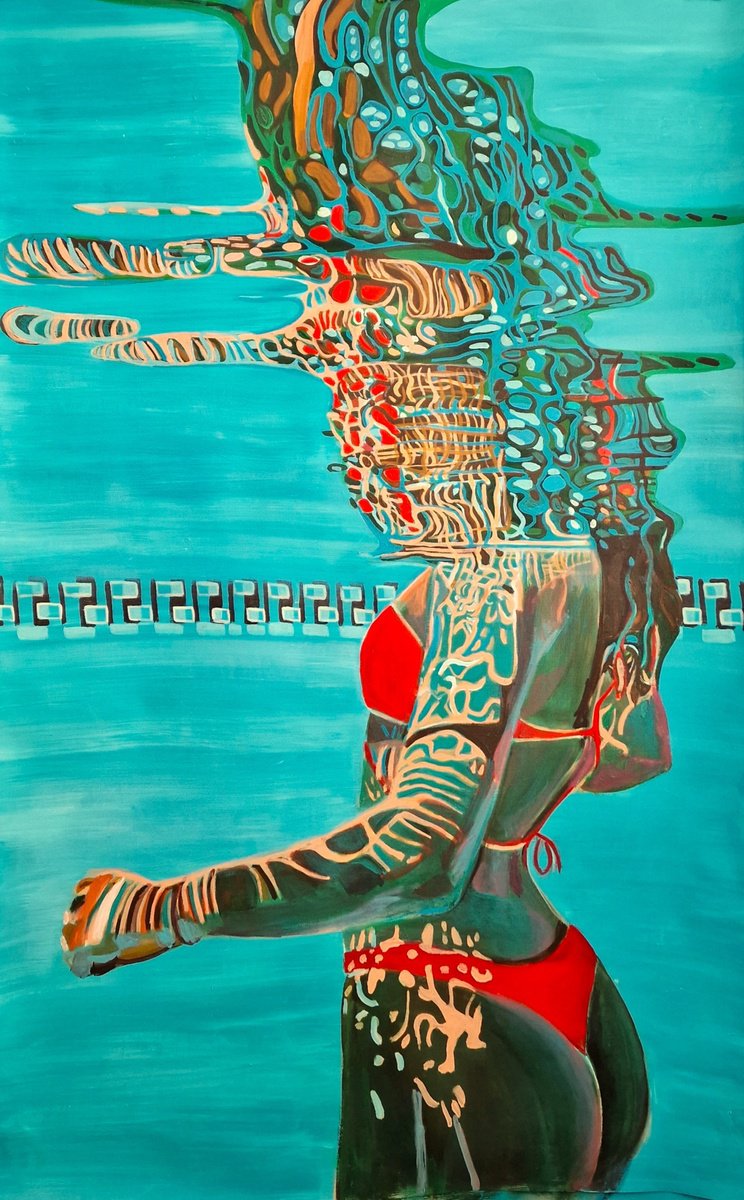Impressionistic Portrait Acrylic Painting By Alexandra Djokic, 31 X 50, Underwater Turquoise, Original Artwork