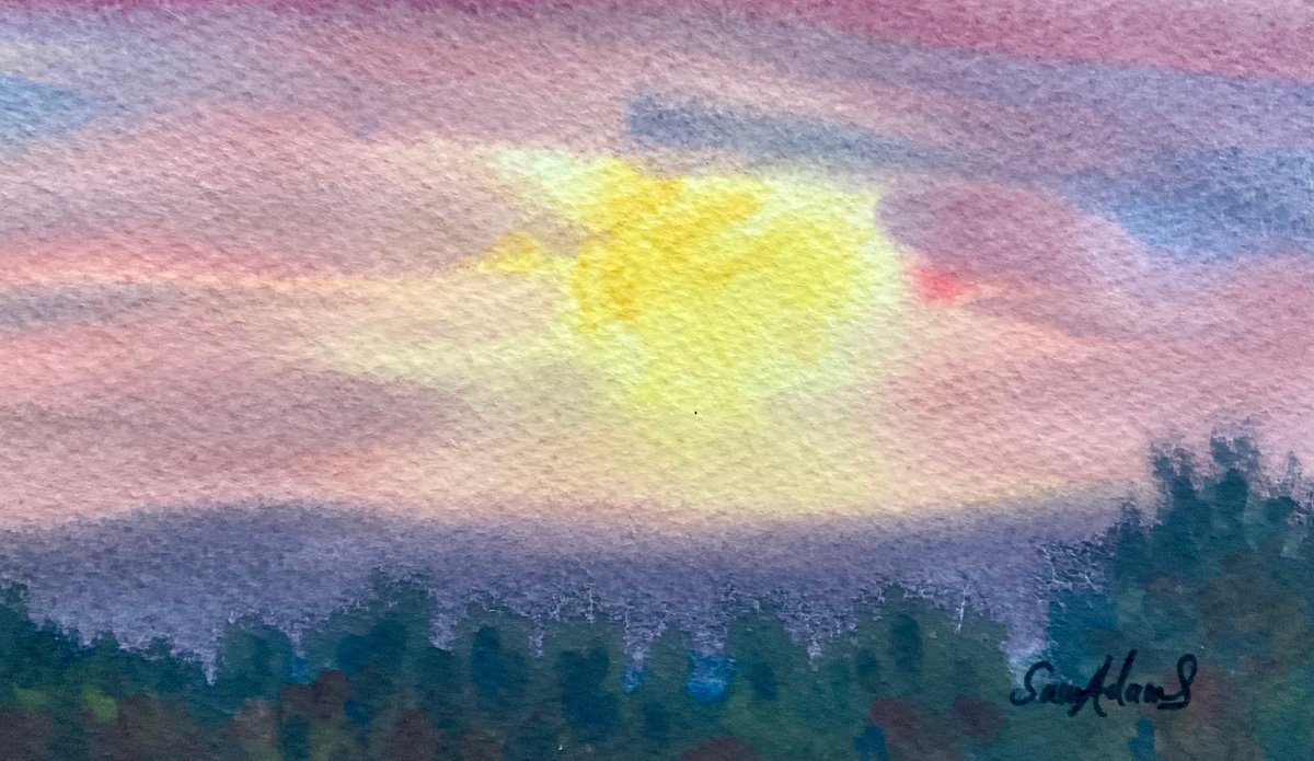 Expressive Landscape Watercolour By Samantha Adams, 7 X 4", Sunrise Over North Dorset, Original Artwork