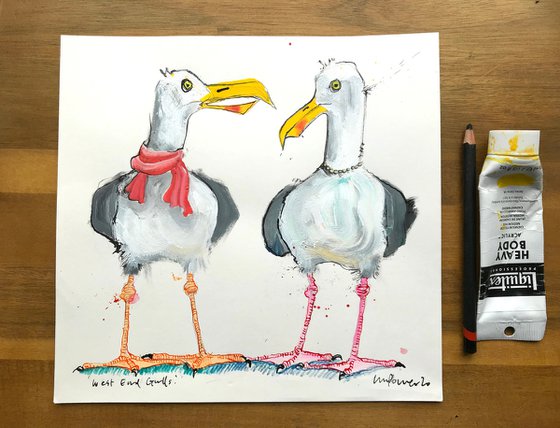 'West End Gulls' seagull painting - Acrylic and ink drawing
