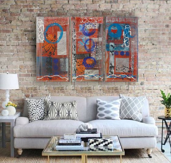 mid century modern art A221 set of 3 abstract large paintings 100x150x2 cm  original acrylic on stretched canvas