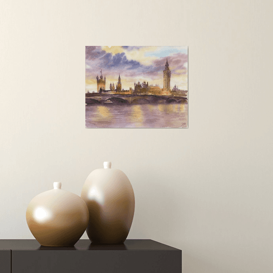 London Bridge Cityscape Original Watercolor painting small size gift River Thames Big Ben Tower