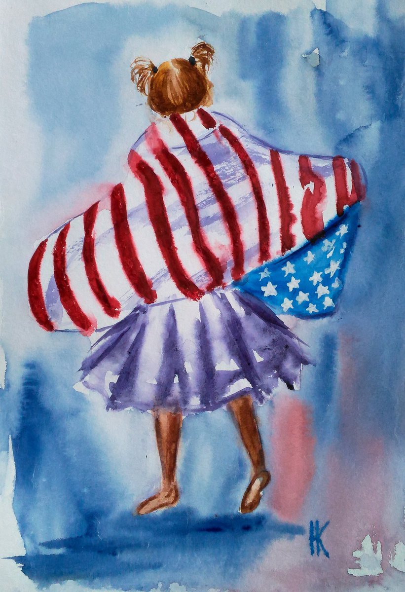 American Flag Art Girl Original Painting Dancing Girl Small Watercolor Artwork USA Flag Ho... by Halyna Kirichenko