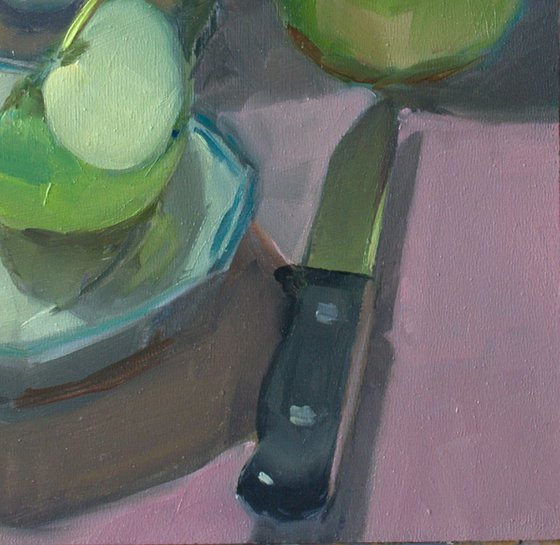 Original Kitchen Still Life - Green Apples and Knife