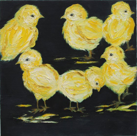 "Oh! What a busy day today" - Chicks - chicken painting - roosters - Oil painting on canvas board - Easter - special cockerel