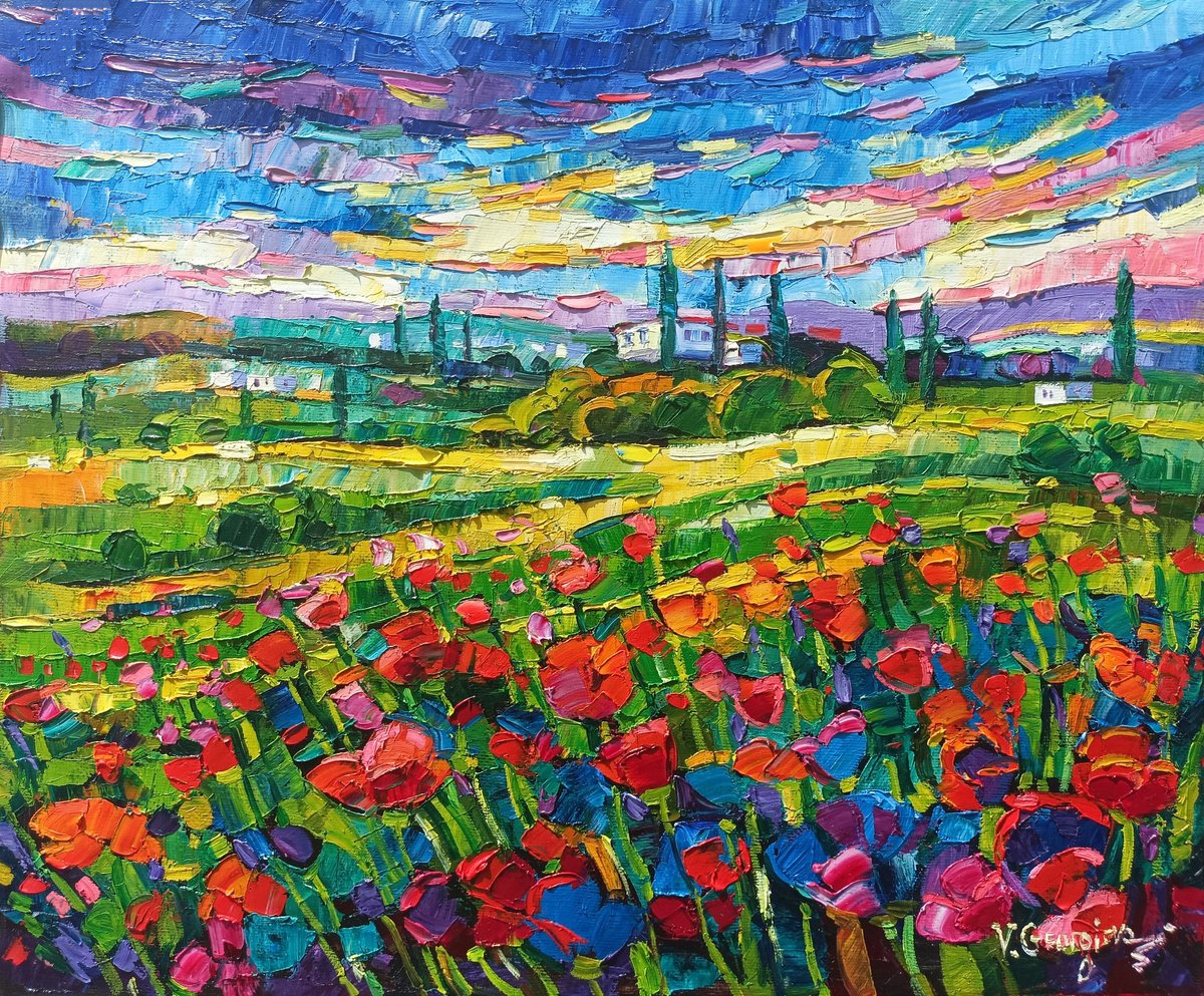 Impressionistic Landscape Oil Painting By Vanya Georgieva, 29 X 24", Poppies Field In Tuscany 3, Original Artwork