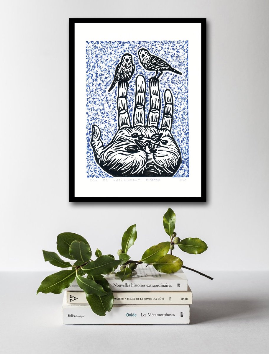 Illustrative Animal Linocut By Oleksandr Korol, 8 X 12", Two Birds, Original Artwork