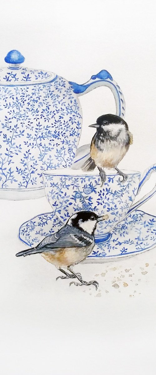 Oh crumbs ( Blue and white China tea set and birds watercolour painting ) by Carolynne Coulson