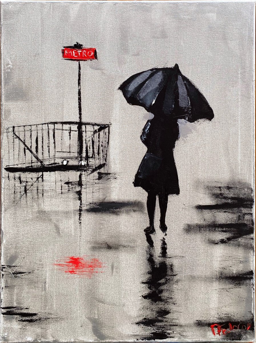 Impressionistic Portrait Painting By Dmitry Fedorov, 16 X 20, Woman With Umbrella In Paris, Original Artwork