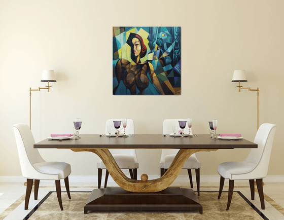 Midnight (80x80cm, cubism, oil painting, ready to hang)