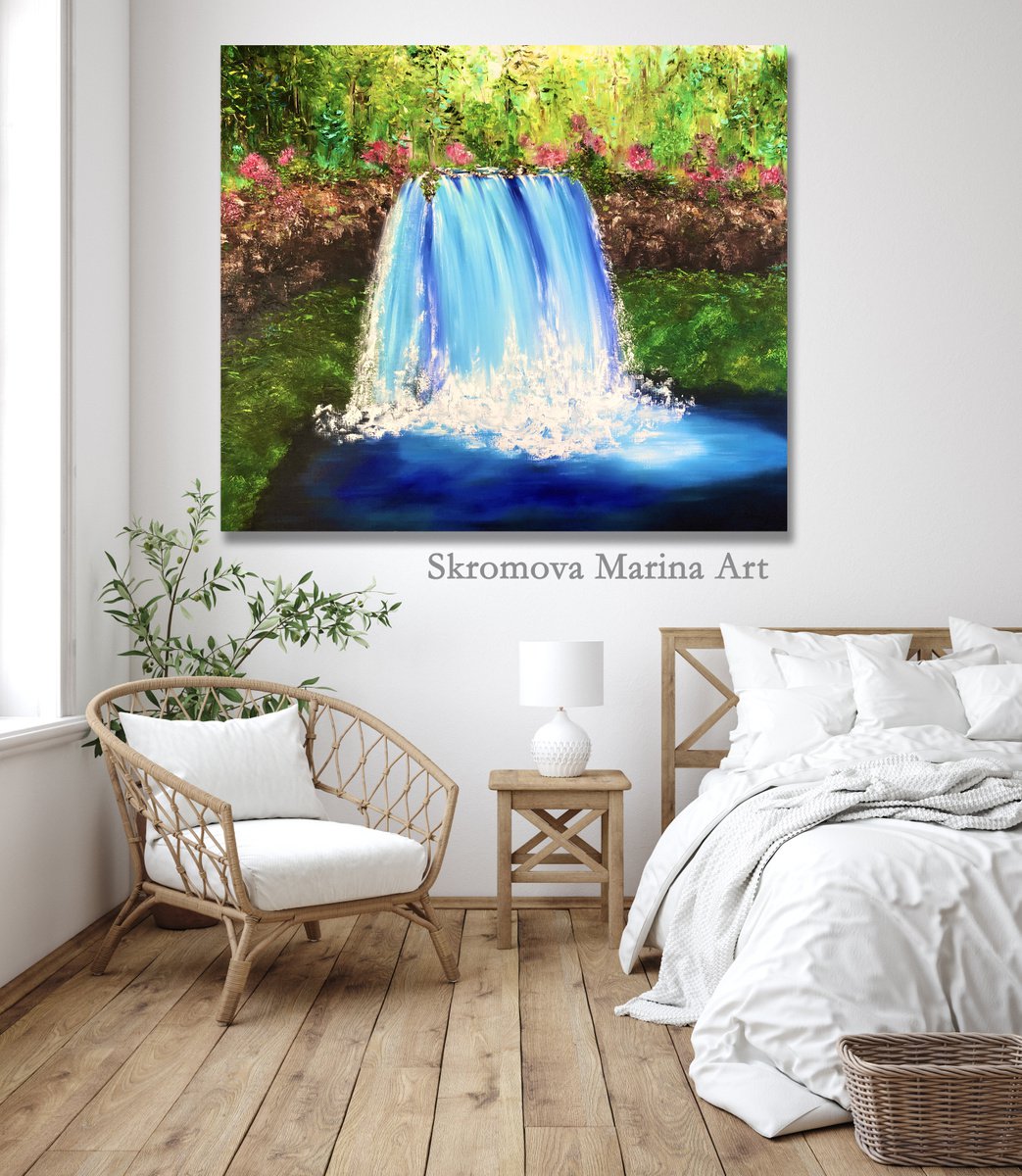 COOLNESS OF MOUNTAIN WATERFALL - Picturesque landscape. Beautiful mountains. Pink flowers. by Marina Skromova