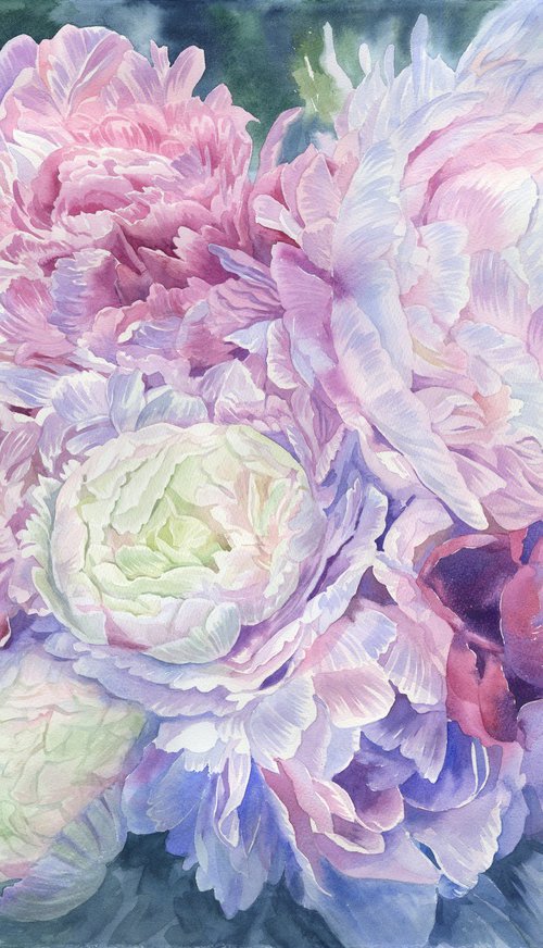 Luxury peonies bouquet original watercolor by Julia Logunova
