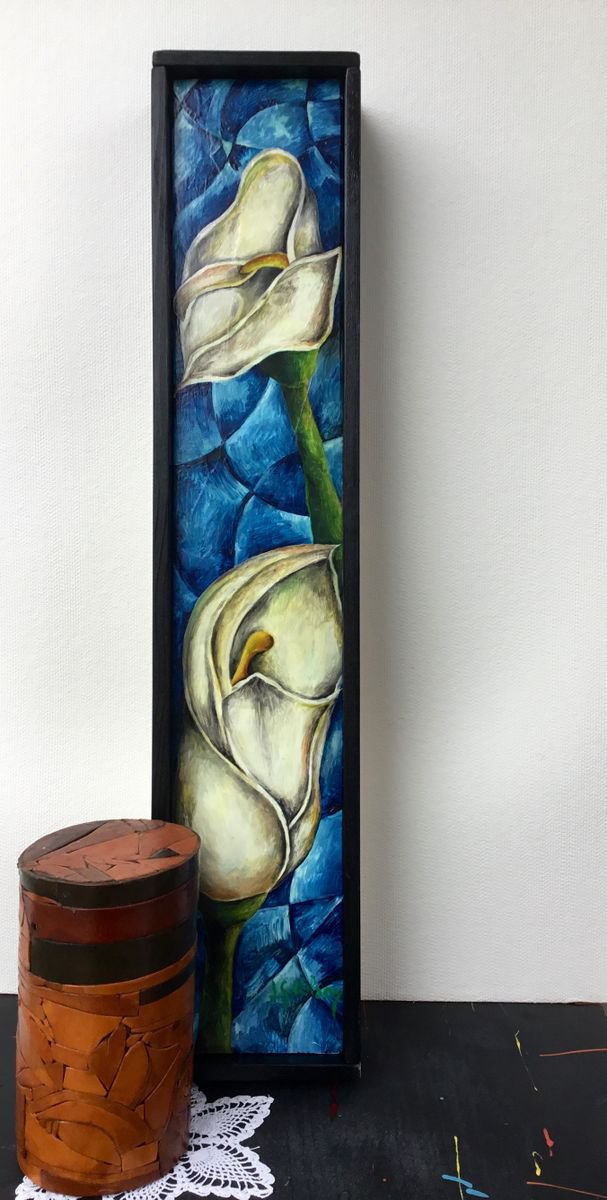 Botanical Oil Painting By Jg Wilson, 5 X 22, Calla Lilies N. 5, Original Artwork