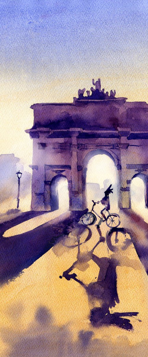 Architectural landscape "Paris. Shadows at sunset" cyclist on the background of the arch at sunset bright colors - Original watercolor painting by Ksenia Selianko