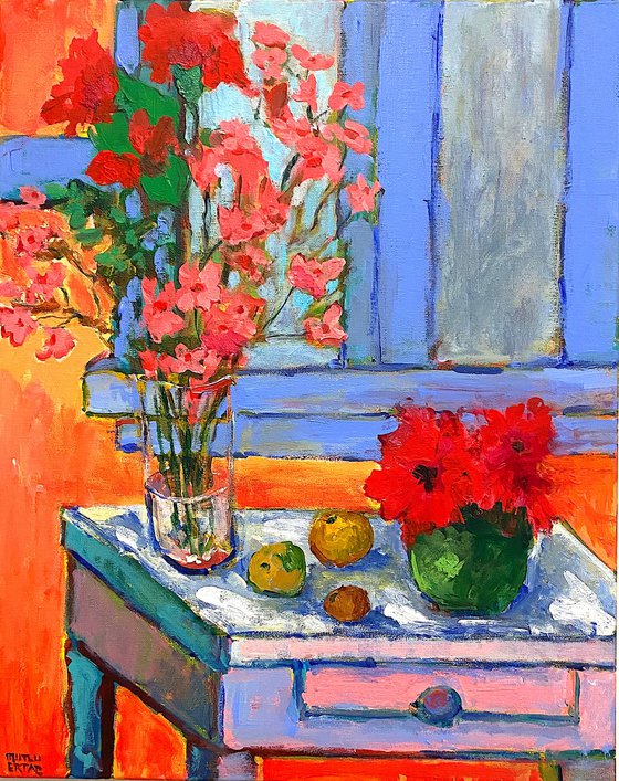 Still lIfe with Red and Pink Flowers