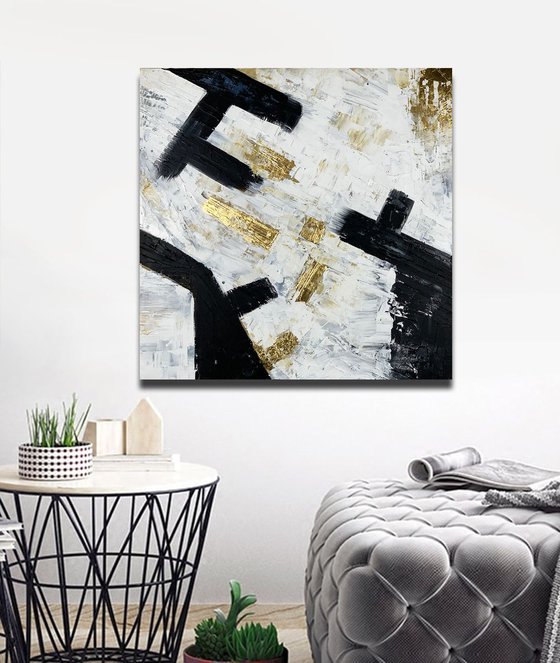 Black and White Abstract Painting, Golf Leaf, Minimalist Art, Modern Wall Art Decor, Original Textured Painting