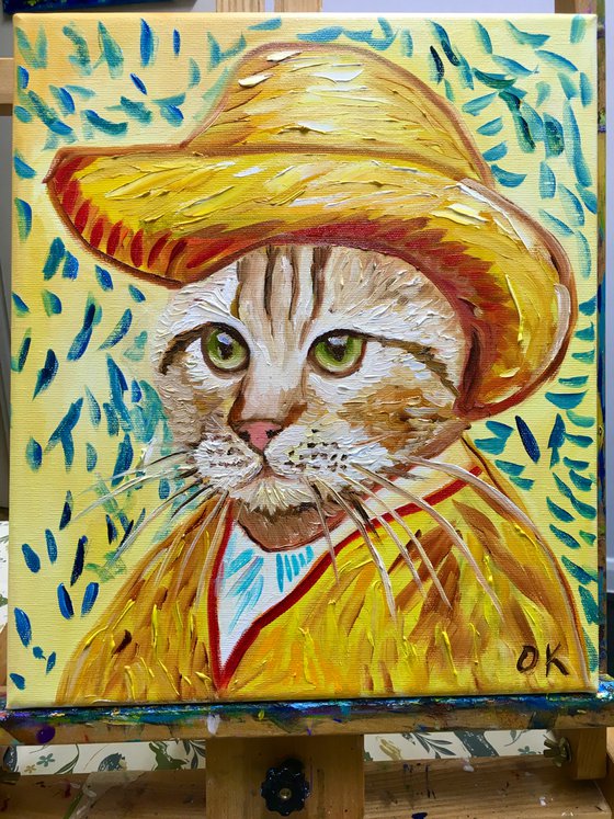 Cat in a straw hat with green eyes La Vincent Van Gogh