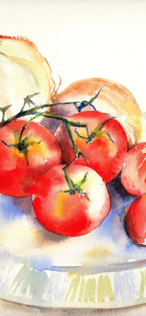 Tomatoes, Still life, Kitchen Art, Dining Room Decor, Red Tomatoes, Watercolour painting by Anjana Cawdell