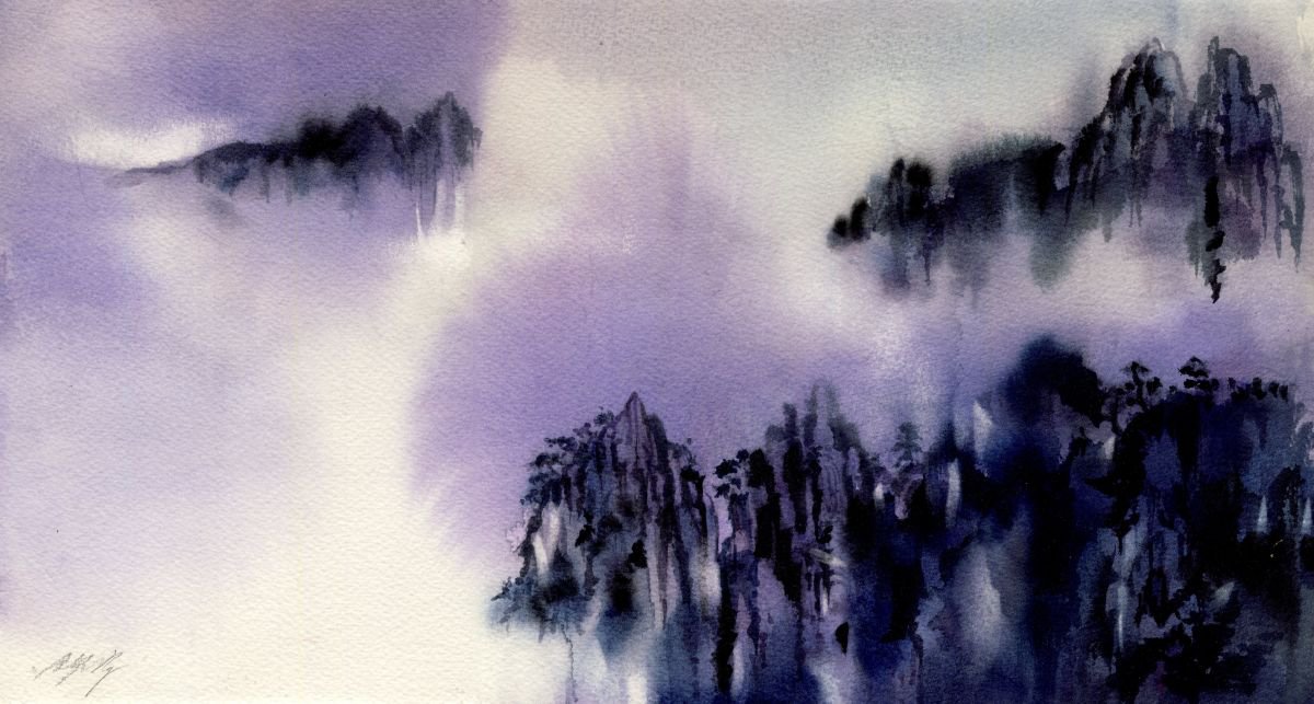Impressionistic Landscape Watercolour By Alfred Ng, 17 X 10, Mountain In Mist, Original Artwork