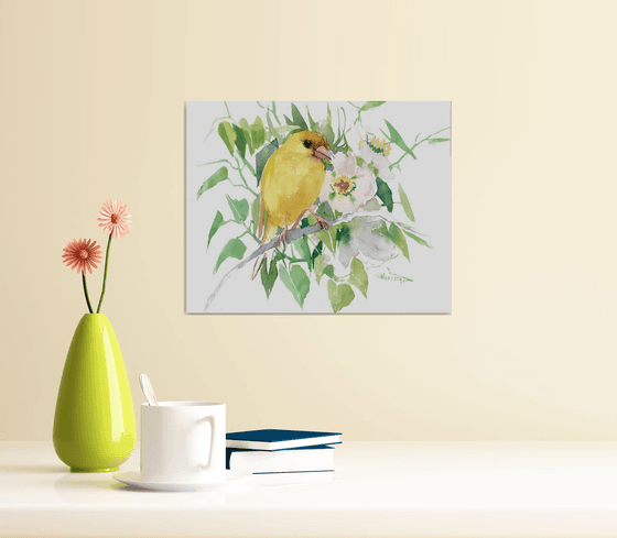 Canary Bird and Flowers, Watercolor Bird painting
