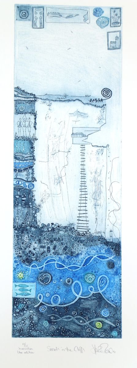 Heike Roesel Secrets in the cliffs, fine art etching in 2 editions, 35 each (blue) by Heike Roesel