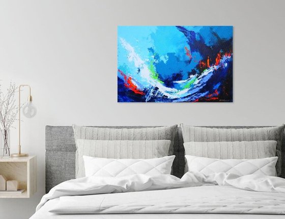 Large Abstract Blue White Landscape Painting. Modern Abstract Textured Art