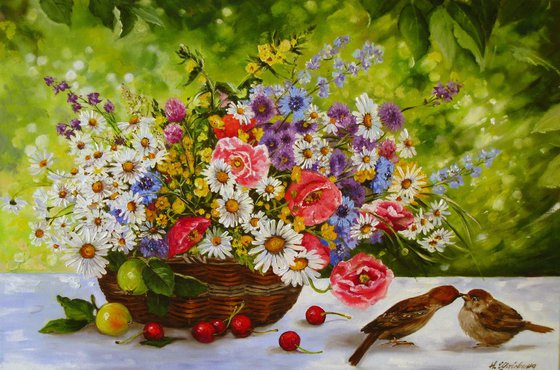 Wildflower Basket with Birds