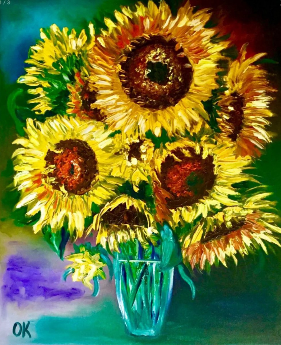 Expressive Botanical Oil Painting By Olga Koval, 20 X 24", Bouquet Of Sunflowers, Original Artwork
