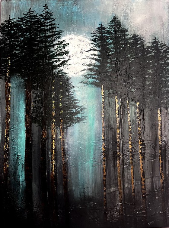 Moonlight deception  abstract pine forest painting