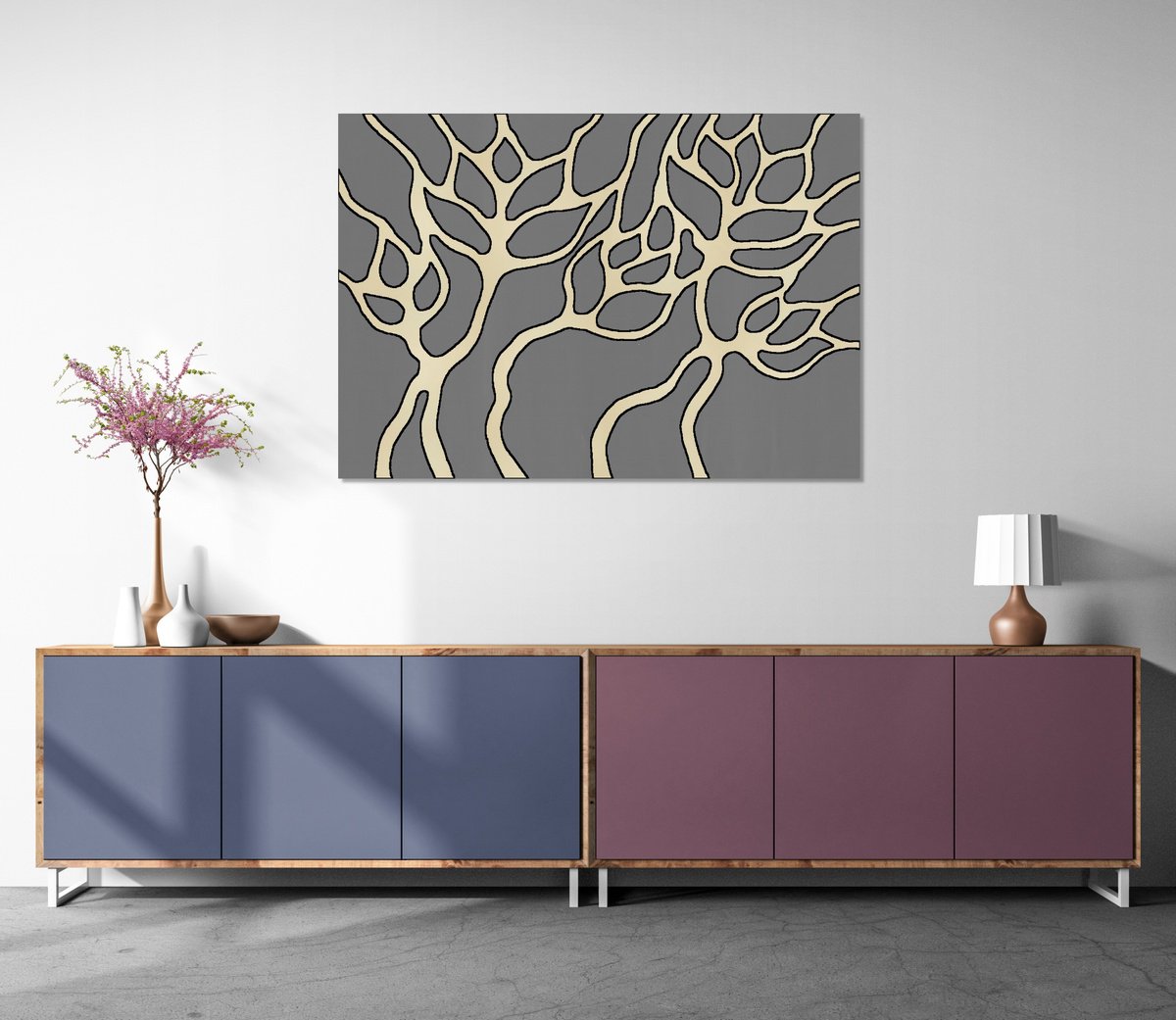 Abstract Botanical Acrylic Painting By Marina Krylova, 35 X 24", Abstract Flowers #16, Original Artwork