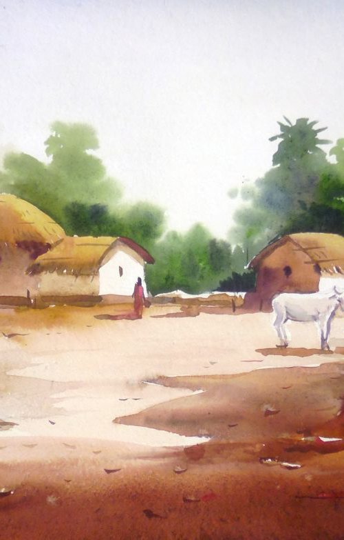 Morning Rural Village - Watercolor Painting by Samiran Sarkar
