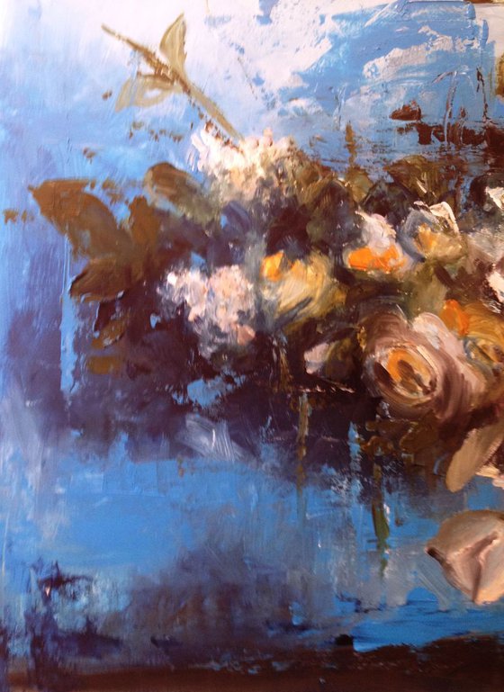 Flowers in blue room- Original oil painting- 32 x 47 cm (12' x 18')