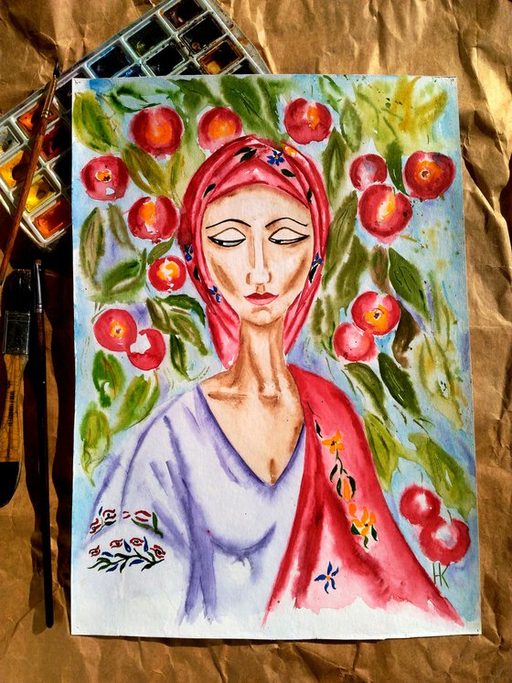 Female Painting Portrait Original Art Ukrainian Woman Watercolor Apple Tree Artwork Red Apples Home Wall Art 12 by 17" by Halyna Kirichenko