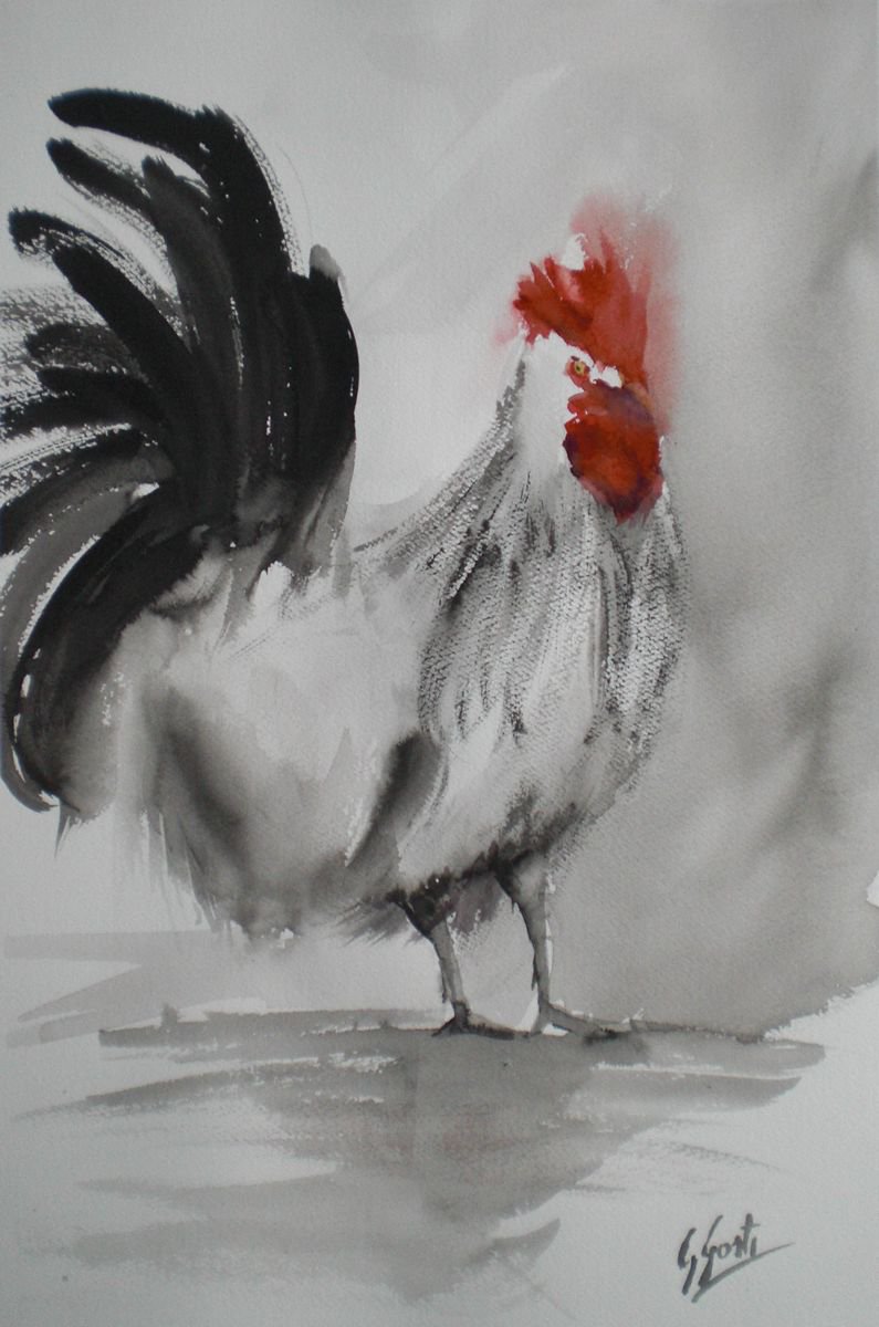Expressive Animal Watercolour By Giorgio Gosti, 13 X 18, Rooster 6, Original Artwork