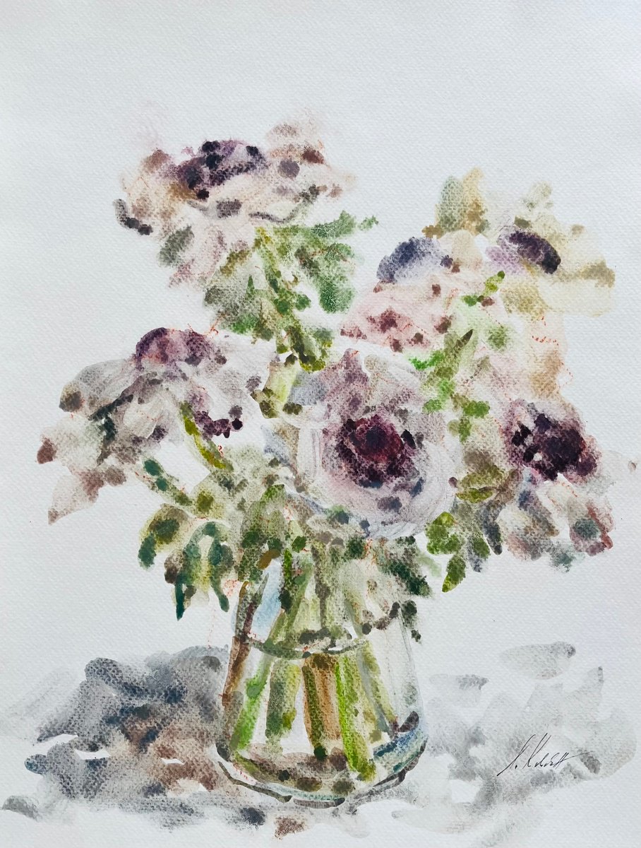 Impressionistic Still Life Watercolour By Elena Klyan, 12 X 16, Anemones 4, Original Artwork
