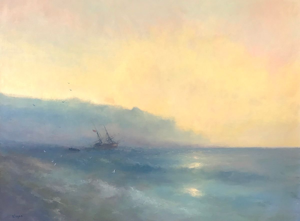 Sunset on Ocean, Seascape Original oil Painting, Handmade artwork, Museum Quality, Signed by Karen Darbinyan
