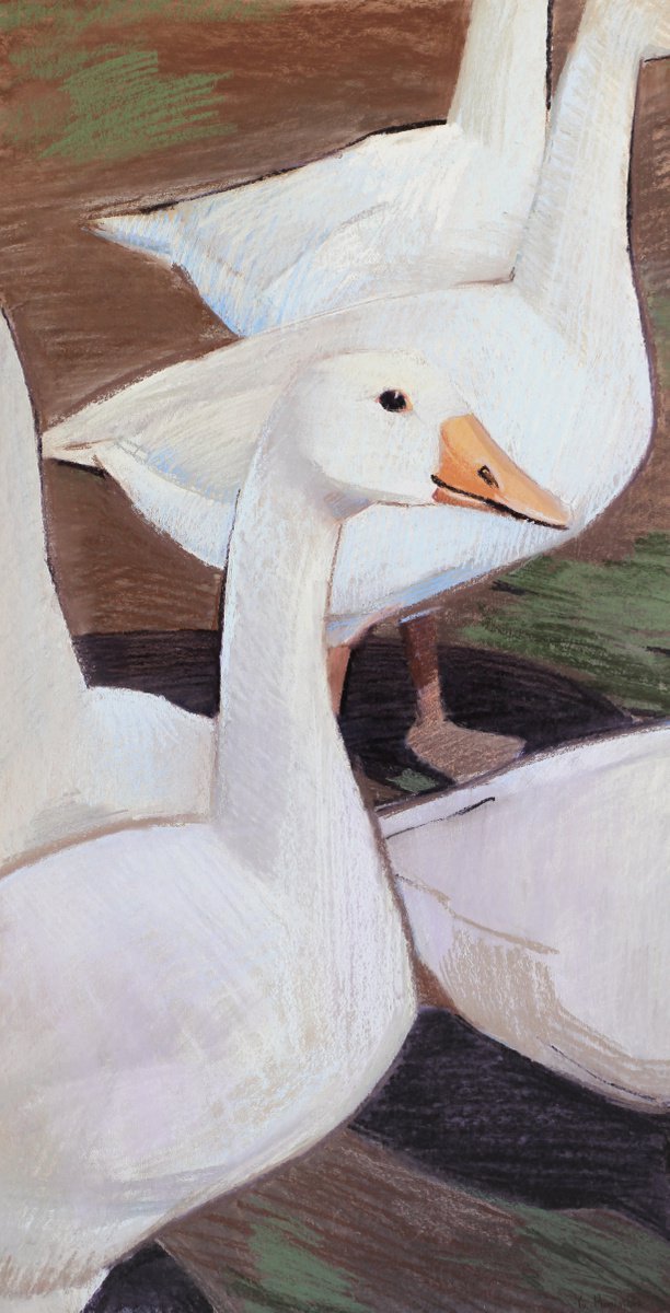 White bird - Geese - Animals original painting 87x45 by Yuliia Meniailova