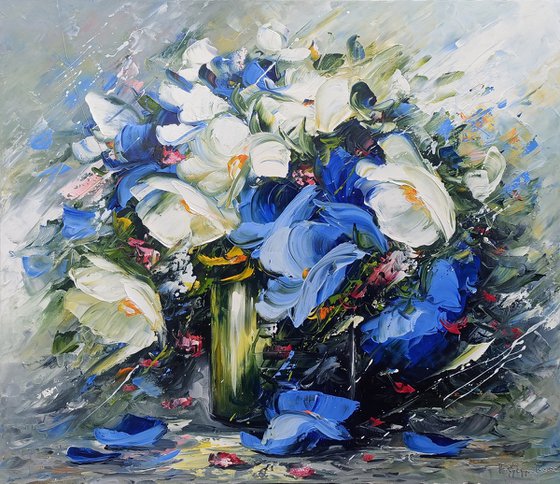 Abstract flowers in vase (60x70cm, oil painting, palette knife, ready to hang)