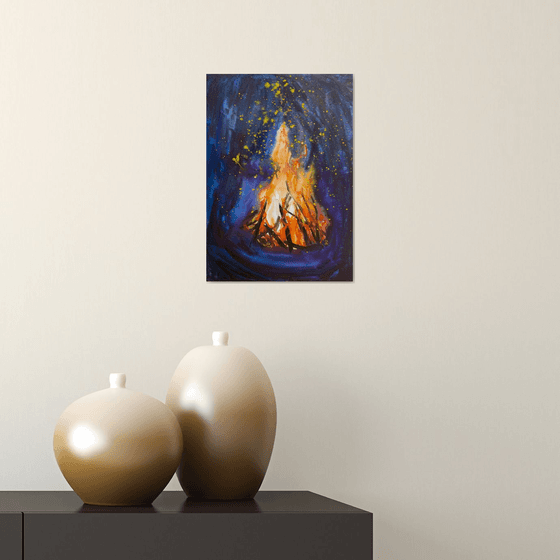 Bonfire Watercolor Painting, Fire Original Artwork, Campfire Picture, Camping Wall Art, Gift for Him