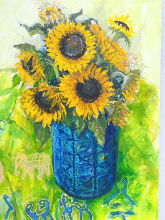 Sunflowers with African cloth